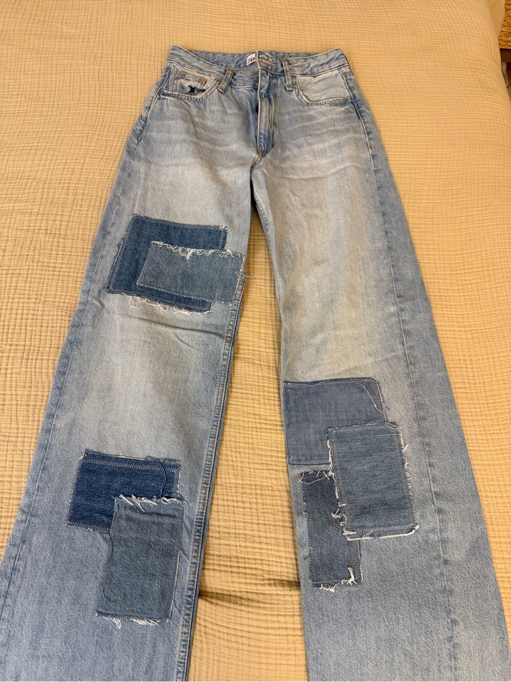 Zara Light Blue Patchwork Wide-Leg Jeans